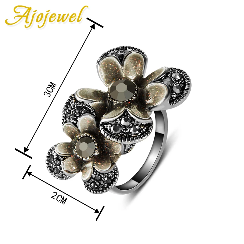 Ajojewel Vintage Fashion Double Flower Women Ring Black Rhinestones Antique Jewelry Retro Style Beautiful Gifts