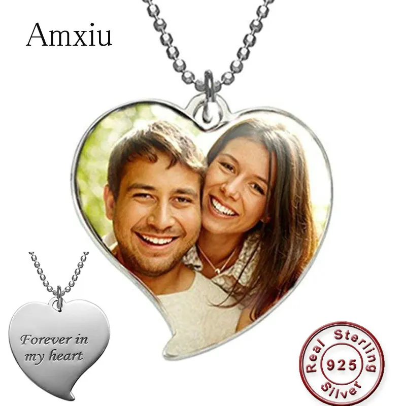 

Amxiu Custom Photo Necklace 925 Sterling Silver Heart Pendant Necklace Engrave Words Name Jewelry Personalized Picture Necklace