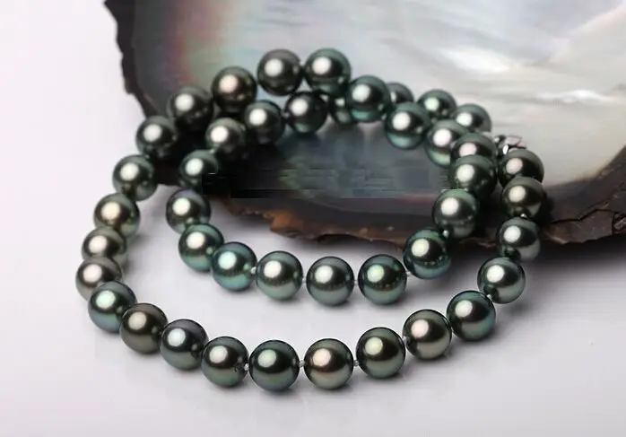 8~9mm Tahitian genuine black peacock green round pearl necklace AA+