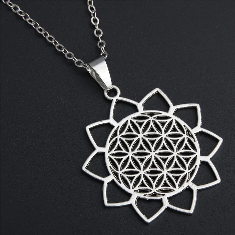 1PC Flower of Life Buddhist Necklace Long Chain Seed of Life Sacred Geometry Jewelry Fleur De Vie Yoga Namaste Necklace