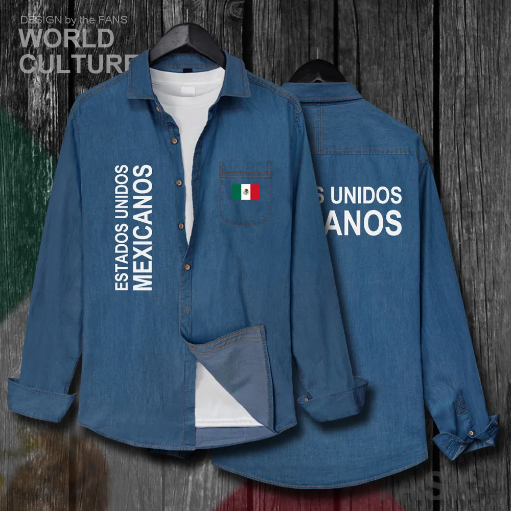 United Mexican States Mexico MX MEX Men clothes Autumn Cotton Turn-down Collar Jeans Shirt Long Sleeve fashion Cowboy flags Coat