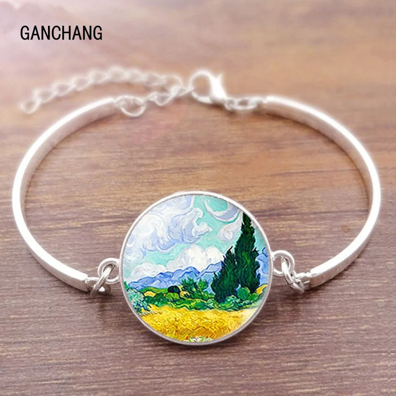 Van Gogh metal bracelet men and women fashion glass convex round dome convex starry night jewelry sunflower fashion gift