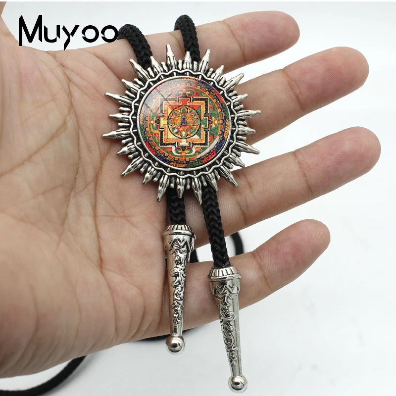 BOLO-00126 New Colorful Art Bolo Tie Vintage Mandala Flower Neck Tie Handmade Slide Glass Photo Jewelry Shirt Accessory for Gift