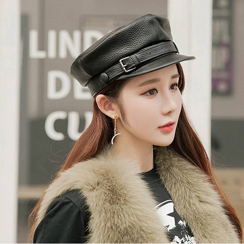 Unisex South Korean Style Genuine Leather Fitted Flat Military Hat For Man Woman Personality Locomotive Punk Black Baseball Caps