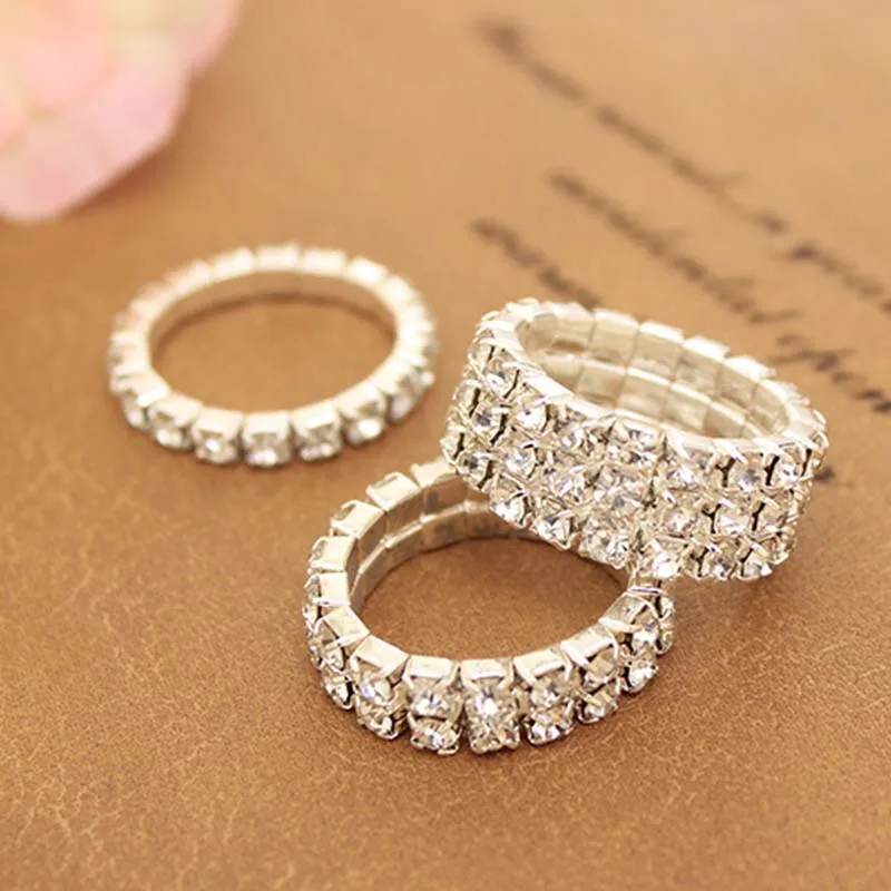 3 Sizes Multi-Layer Full Shiny Clear Crystal Joint Elastic Twinkling Rings For  Women