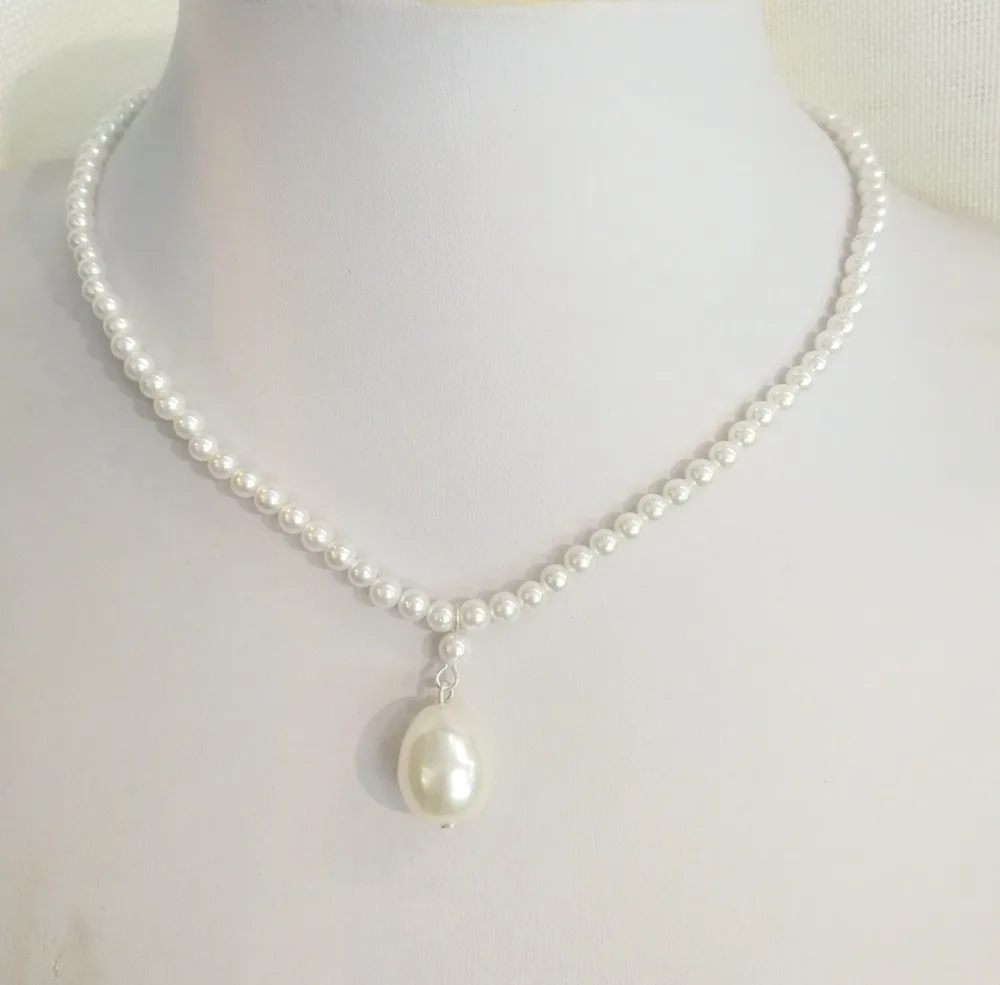 

45cm 18'' jewelry necklace 4mm round beads white Natural SOUTH SEA SHELL PEARL 15mm pendant NECKLACE