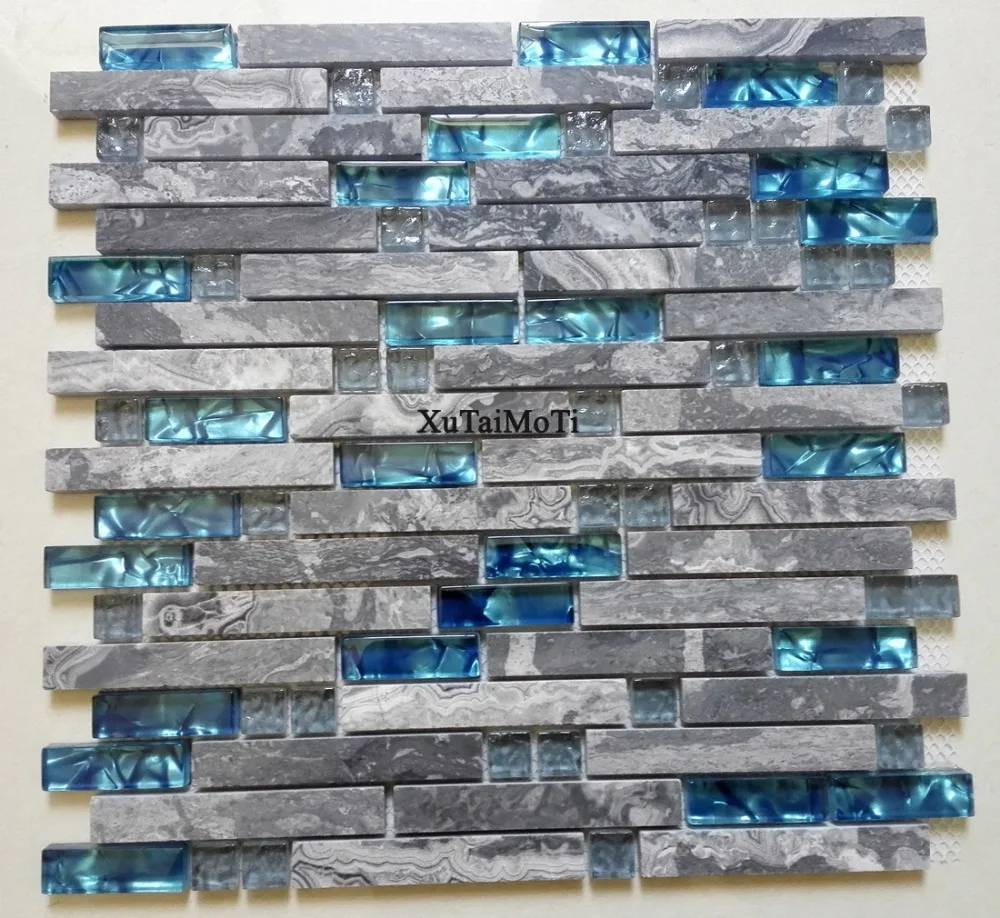 

11pcs gray marble mosaic blue glass tile kitchen backsplash bathroom background decorative wall fireplace bar stone wall tiles