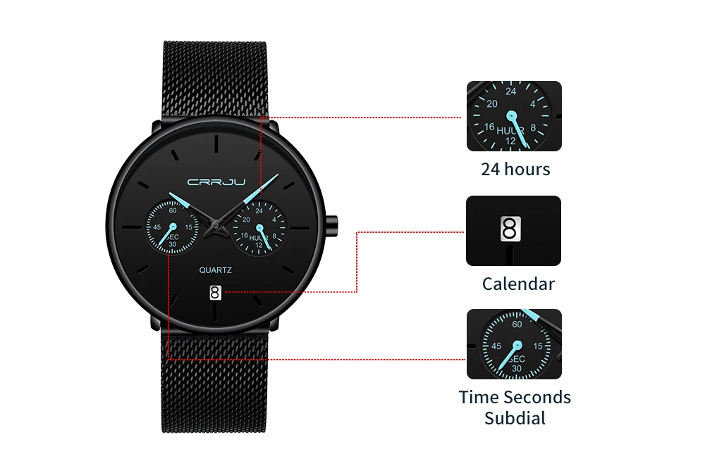 CRRJU-남성용 풀 스틸 캐주얼 방수 시계, 스포츠 쿼츠 시계, 드레스 캘린더