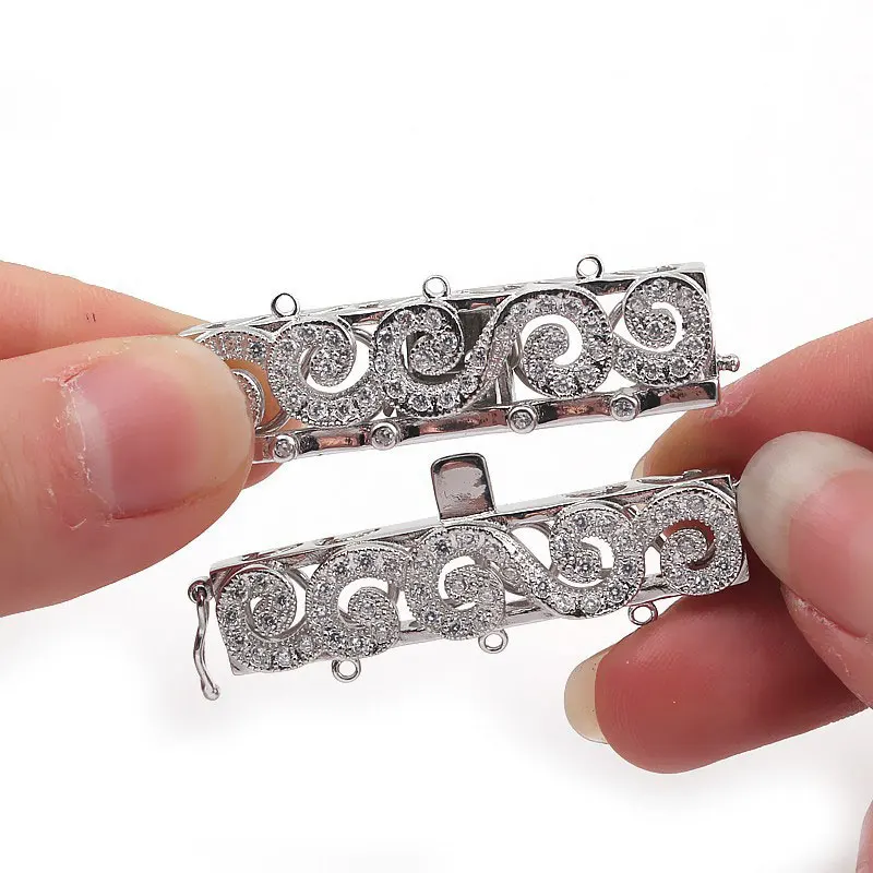3 Strands Sterling Silver Double Safe Box Clasps Pave Zircon Rectangle Multifunction Clasp Pearl Necklace Connector SC-CZ031