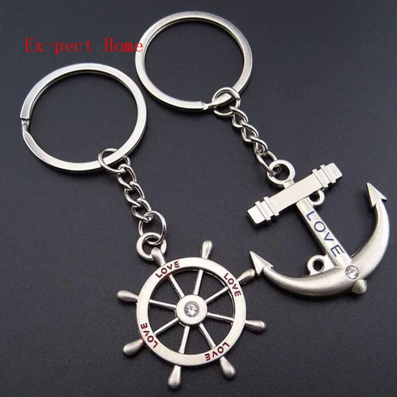 100pairs/lot Zinc Alloy Anchor And Rudder Keychain Metal Keyring Key Holder For Lovers Wedding Gift Favor Party Souvenir