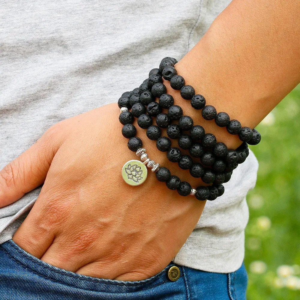 8mm Natural Lava Rock Stone Healing 108 Buddhist Prayer Beads Mala Men Women Bracelet Necklace Essential oil therap Yoga Jewelry