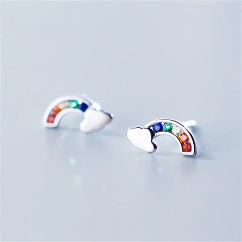 New Arrival Colorful Female Temperament 925 Sterling Silver Jewelry Female Sweet Cute Cloud Rainbow Crystal Stud Earrings  E058