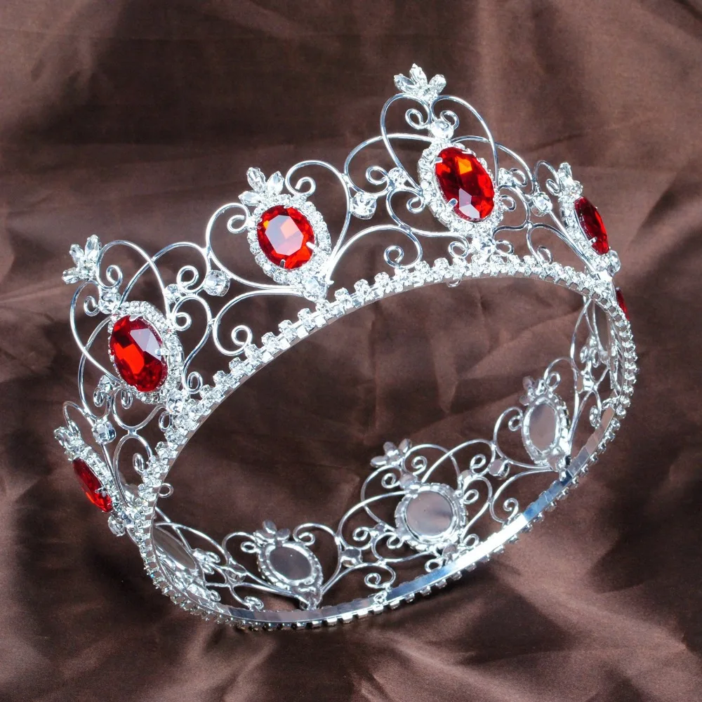 Red Semi-precious Stone Tiara Diadem Full Circle Round Crown Clear Rhinestone Crystal Beauty Pageant Party Hair Accessories