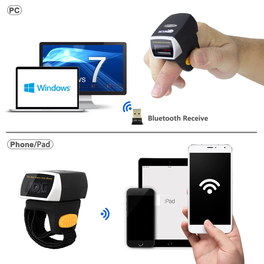 NETUM-Escáner de código de barras, lector de código de barras usable, 1D, bluetooth, NT-R3, NT-R2, anillo, 2D, QR, CCD