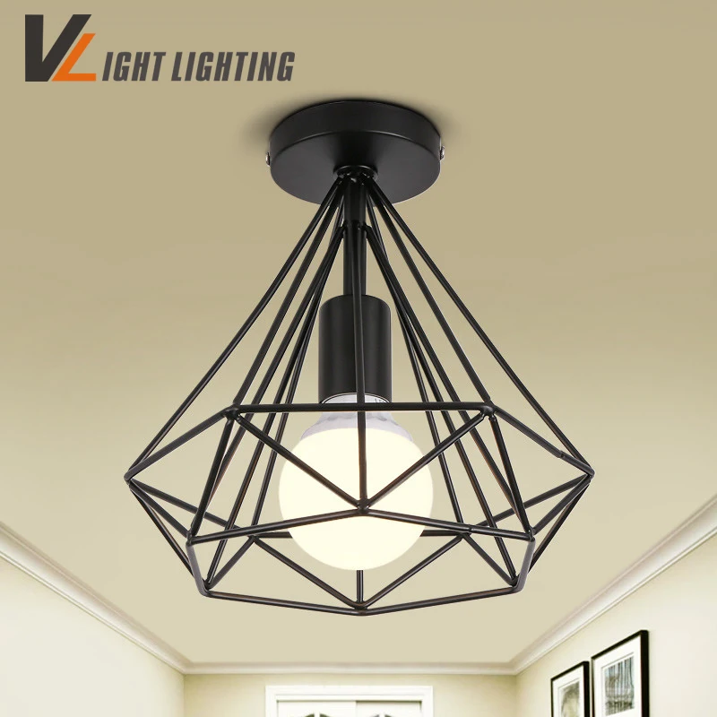 modern black birdcage ceiling lights iron minimalist retro ceiling lamp Scandinavian loft pyramid lamp metal cage with led bulb