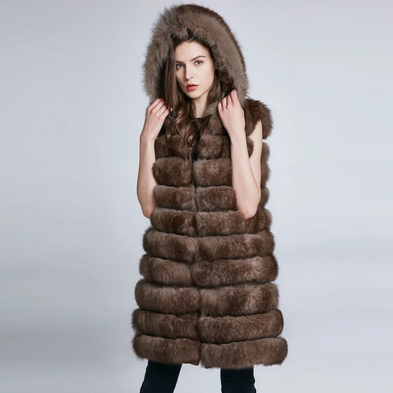 JKP New detachable Real Fox fur Hood Long coat Vest Vest Fashion Thick Warm Coat   Fur Vests Women