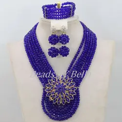 New Royal Blue African Beads Jewelry Set Nigerian Wedding Crystal Beads Necklace Bridal Lace Jewelry Sets  ABF521