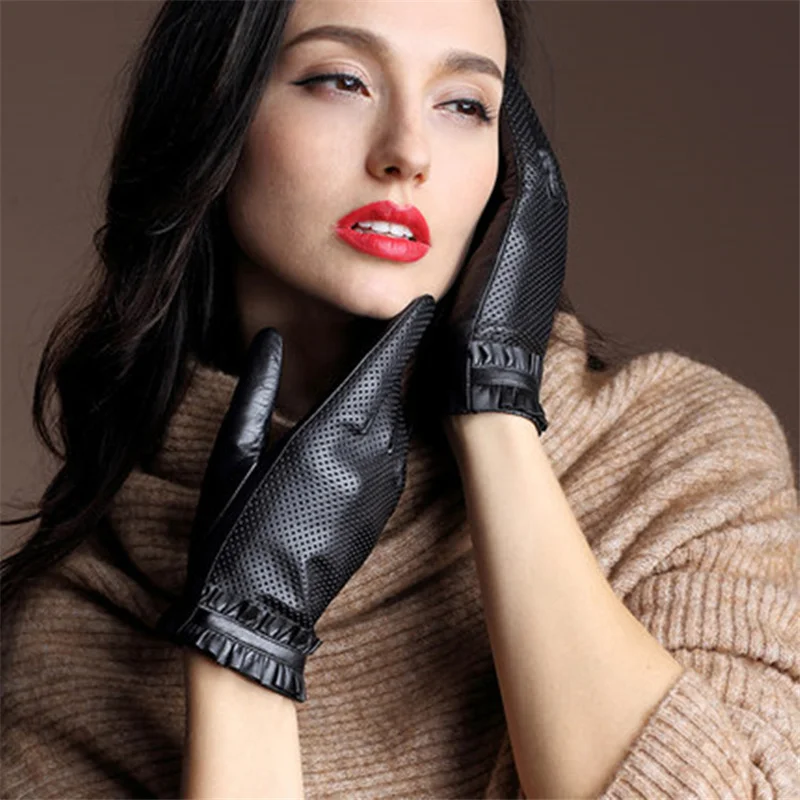 New Ladies Leather Gloves Goatskin Punch Driving Comfortable Thin Silk Gloves Female Factory Outlet 36-5