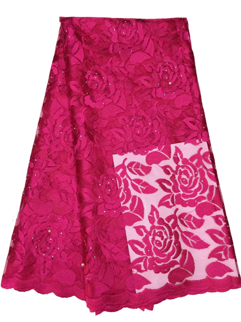 

New Embroidered chemical guipure African lace fabric with rhinestone Rose-carmine french net lace for wedding dress