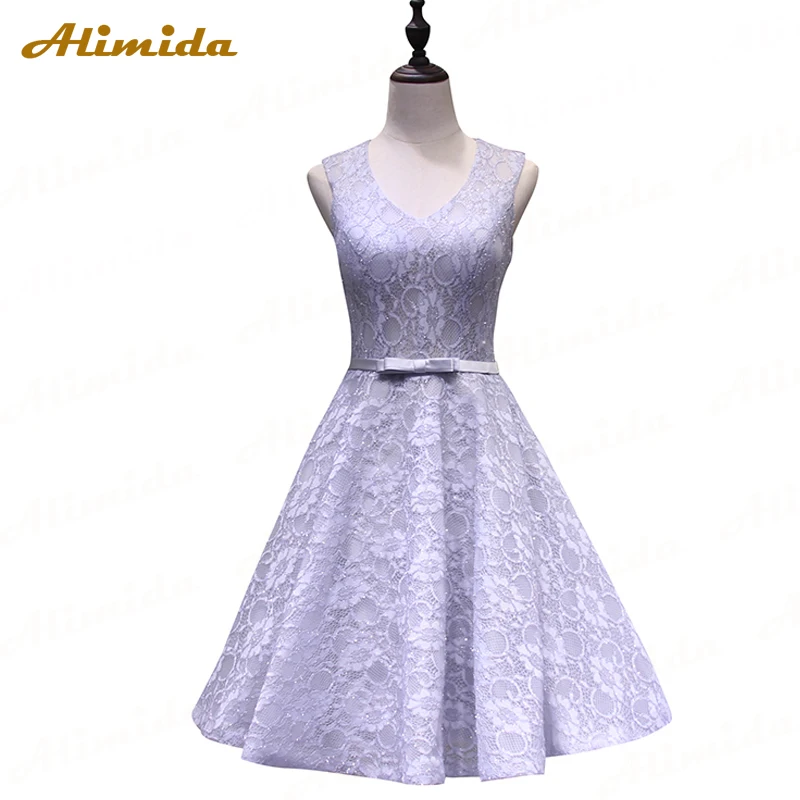 

ALIMIDA Short Lace Evening Dress 2020 Elegant Party Dresses V-Neck Sexy Prom Dress with Sashes Custom Size robe de soiree
