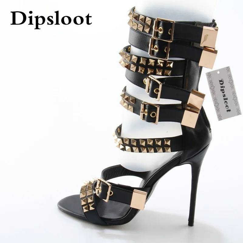 Summer Fashion Golden Rivet Leather Straps Women Open Toe Sandals 120 mm Ladies High Heel Zipper Back Roma Style Sandals Size 42