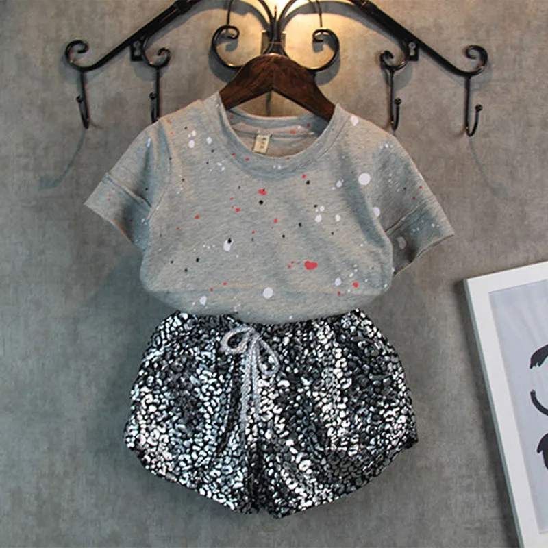 2024 New Summer Fashion Girl Clothes Set Paint Dot T-shirt Top + Leopard Print Shorts 2-Piece Summer Children's Clothing Set