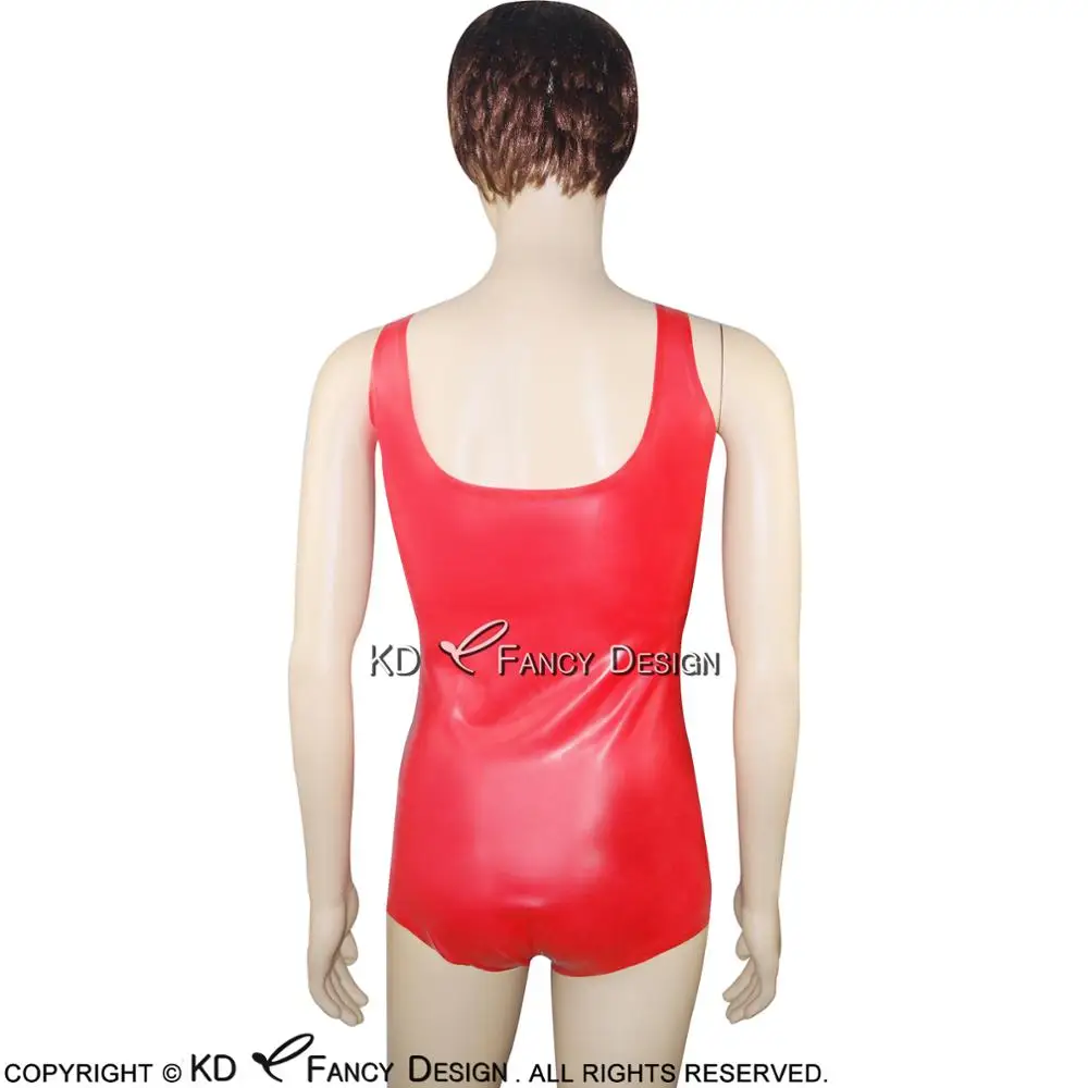 Red Sexy Sleeveless Latex Swimsuit High Cut Leg Without Zip Round Collar Body Suit Catsuit  Rubber Bodysuit LTY-0013