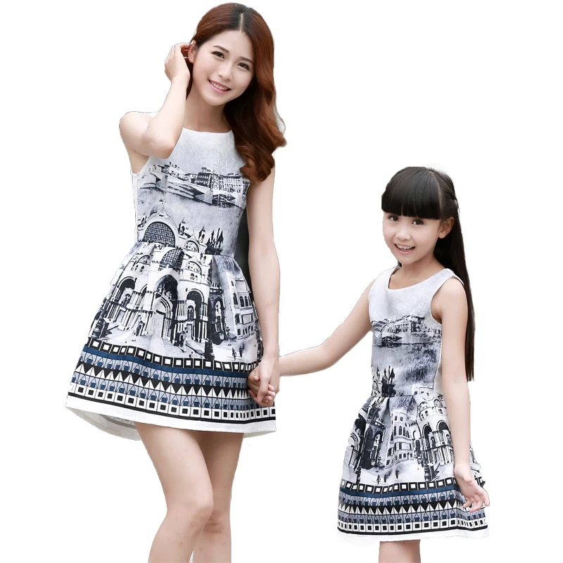 Mother Daughter Dresses Matching Teenage Girl Dress Retro Print Mommy and Me Clothes Sleeveless Dresses Family Matching Outfits