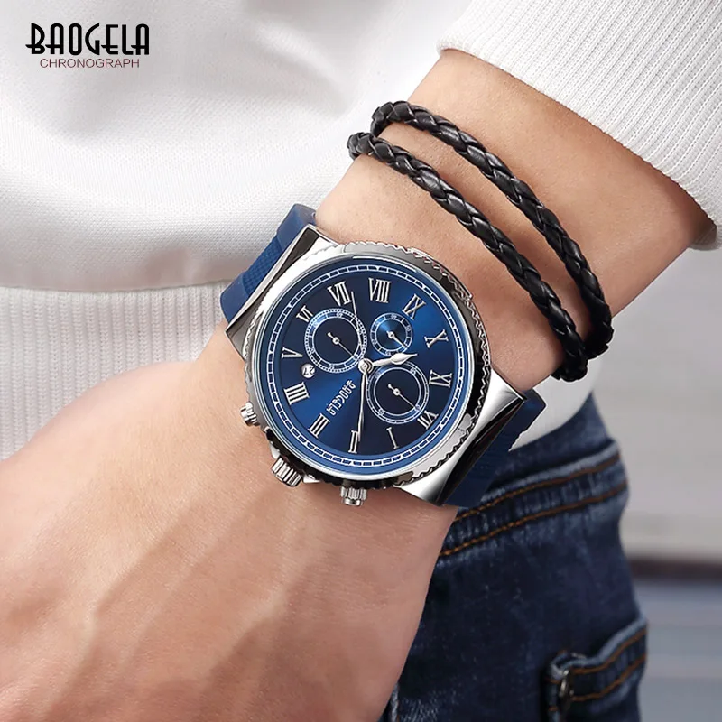 BAOGELA męska niebieski analogowe zegarki kwarcowe moda klasyczne cyframi rzymskimi Dial chronograf zegarek dla Man1708G-Blue