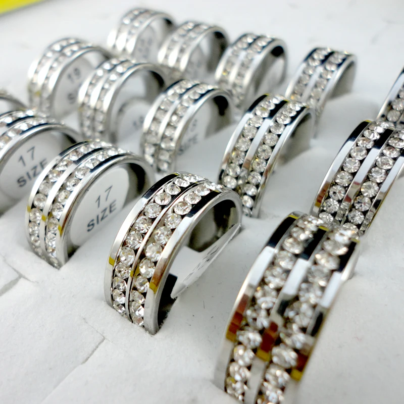 20Pcs Classic Women Engagement Anniversary Wedding Ring Cubic Zirconia Stainless Steel Rings Female Jewelry Bulks Lots LR420