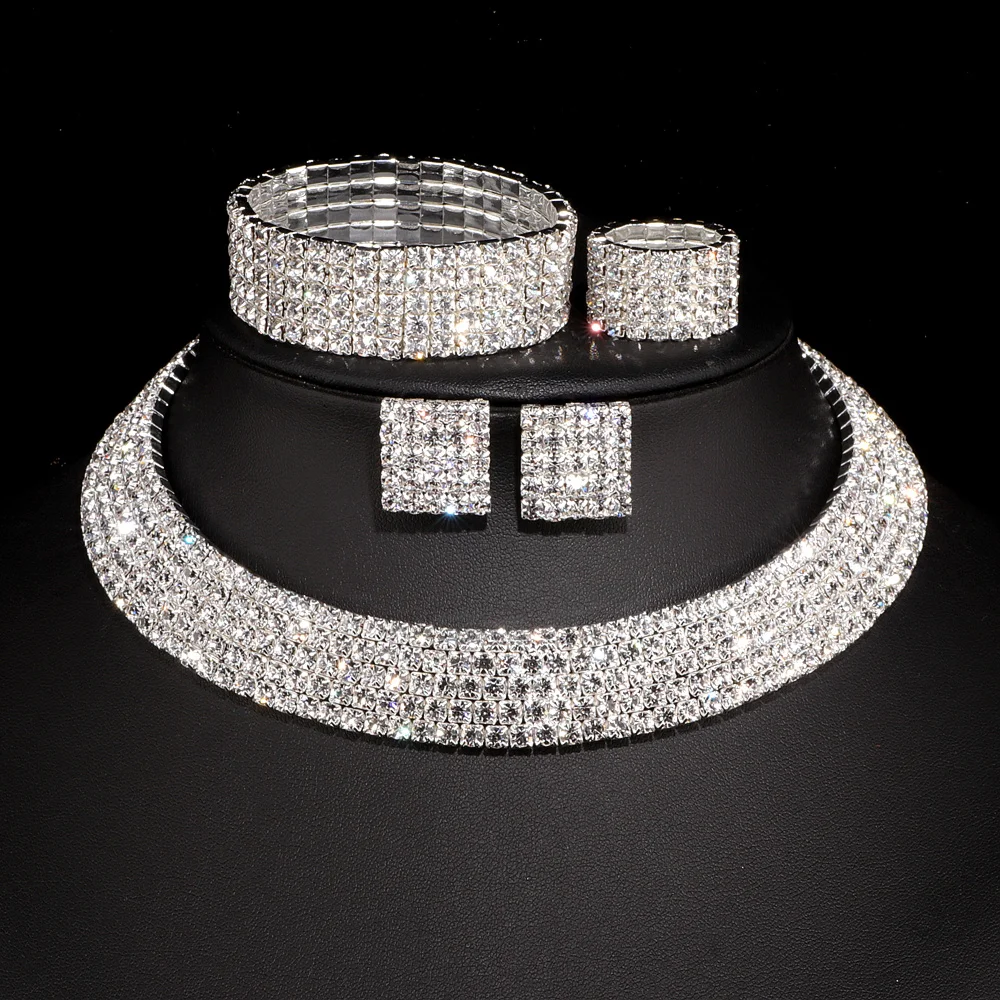 2023 New Luxury Romantic Crystal Wedding Jewelry Sets Silver Color Bridal Necklace Earrings Bracelets Ring Sets For Women W001