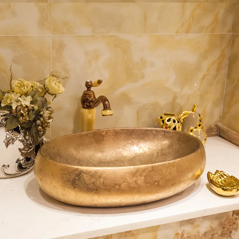 

Golden/Silver oval Silver mosaic design Oval basin washbasin Jingdezhen Art ceramic wash basin vessel sinks countertop Bathroom