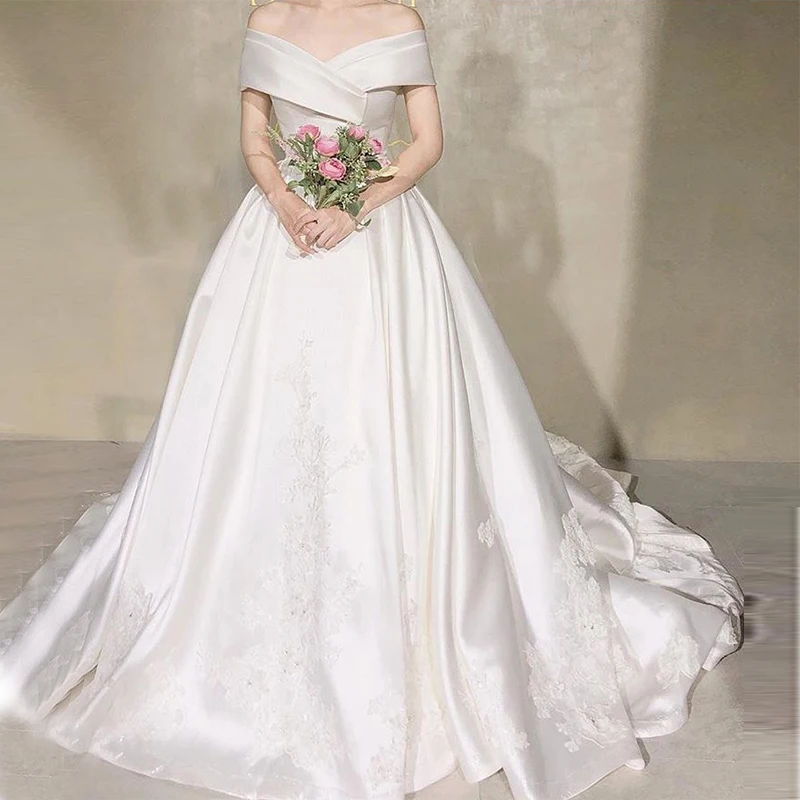 Vestido De novia De satén con hombros descubiertos, elegante Vestido De princesa, con apliques, color blanco