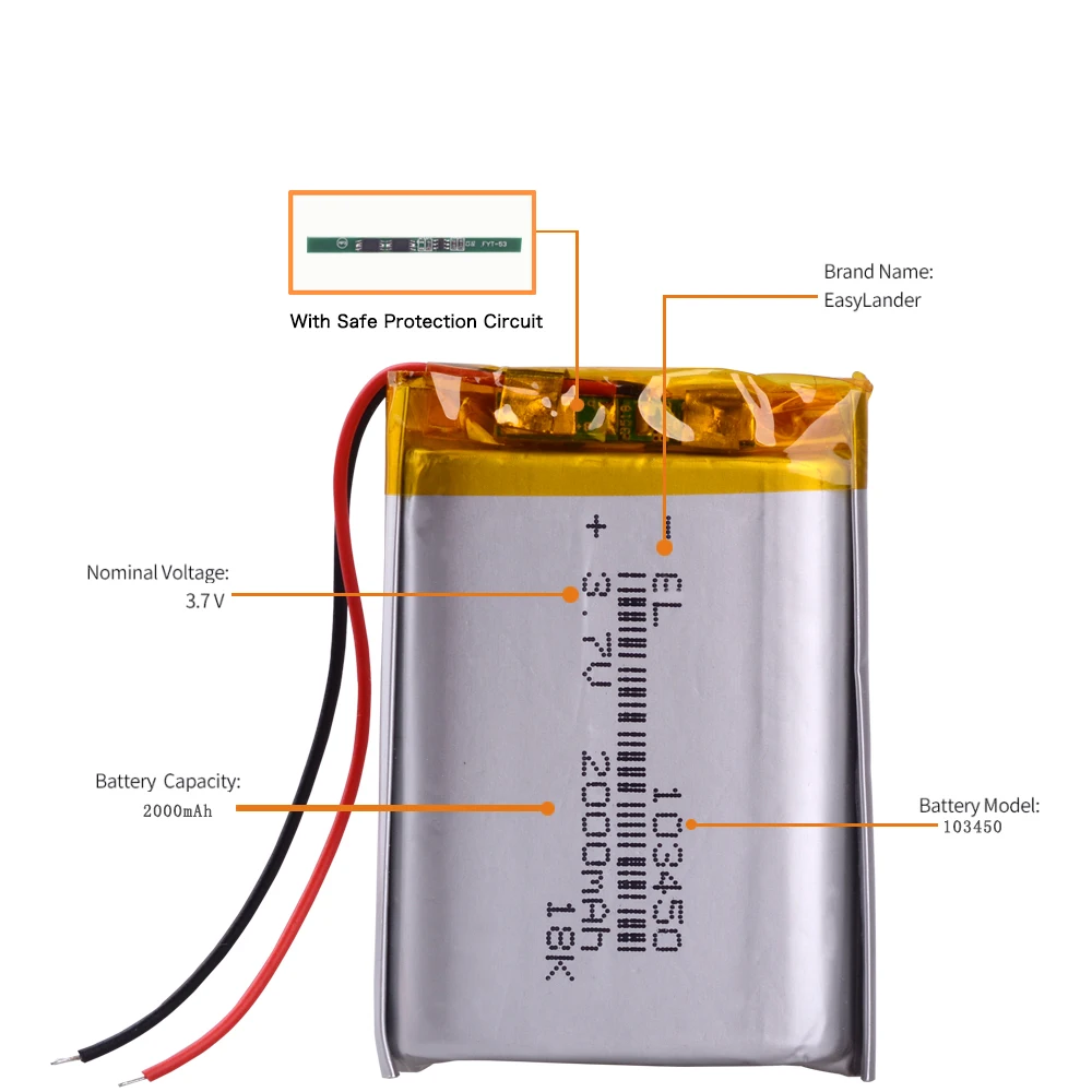 Bateria recarregável de polímero de lítio lipo, para navegador gps, mp5, e-book, câmera, gps bluetooth, microfone de headset 3.7v 2000mah 103450