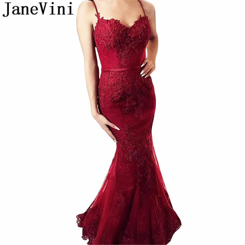 JaneVini Elegant คำเบอร์กันดี Mermaid ชุดราตรียาวสปาเก็ตตี้สายรัดลูกไม้ Appliques Sequins Backless เซ็กซี่ Dresses 2019