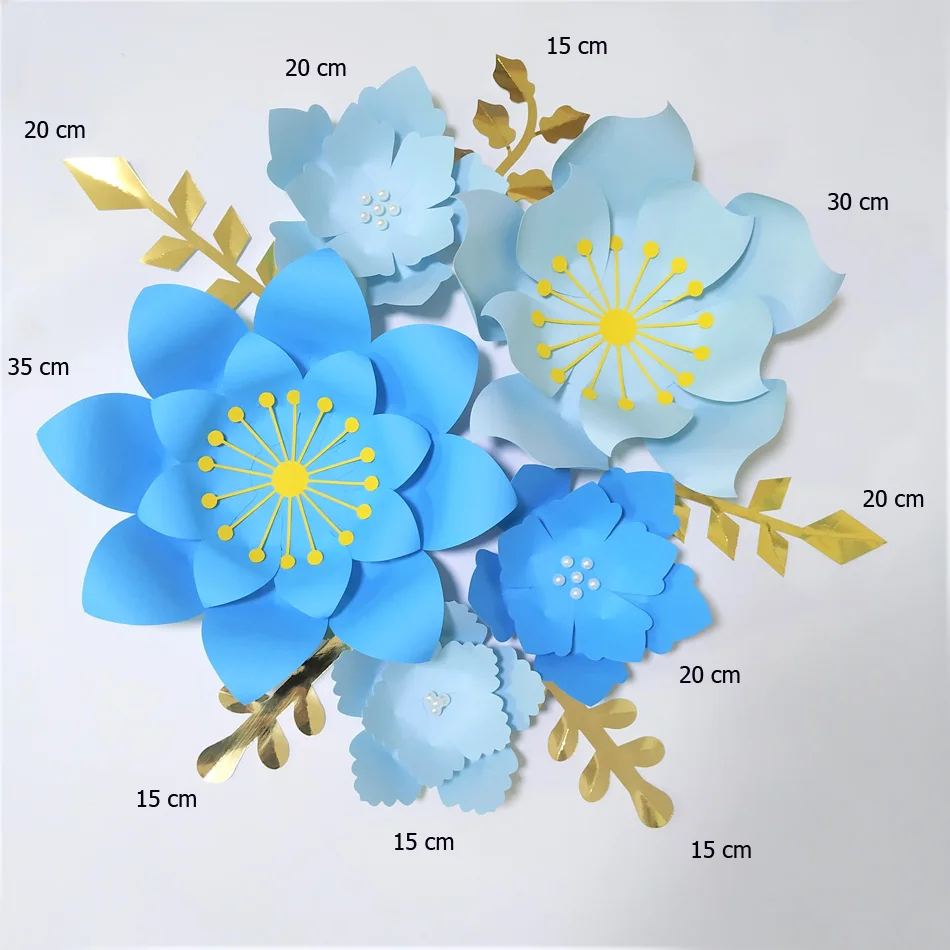 Handmade Blue Rose Easy DIY Paper Flowers Gold Leaves Set For Nursery Wall Deco Boys Room Baby Shower Backdrop Video Tutorials