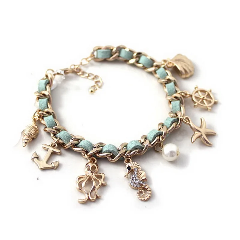 Fashion Bohemia Style DIY Sea Elements Anchor Rudder Starfish Shell Seahorse Octopus Imitation Pearl Charms Bracelet