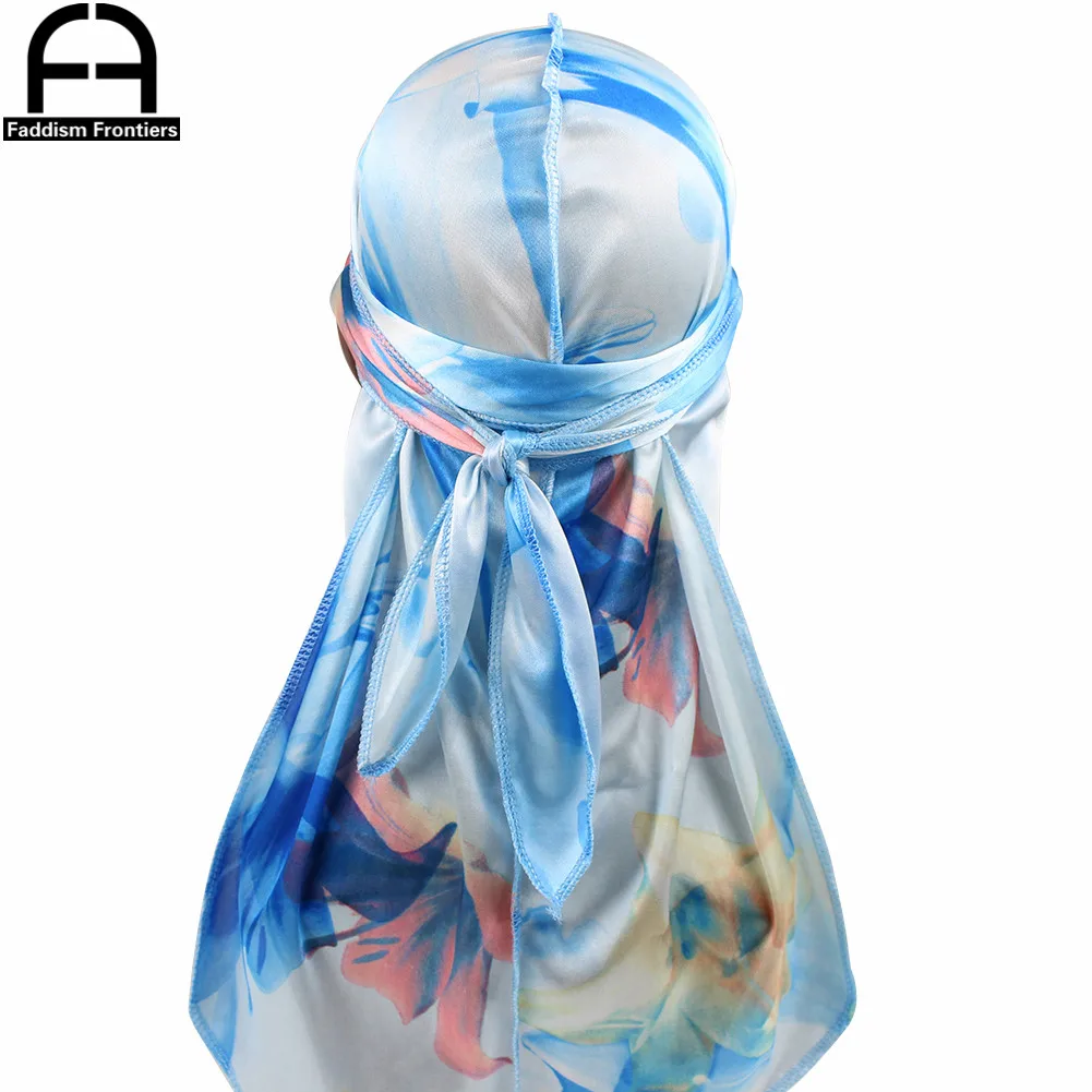 Unisex Men Floral Silk Durag Stretchy Bandanas for Men Turban Hat Headwear Long Straps Headband Waves Silky Durags