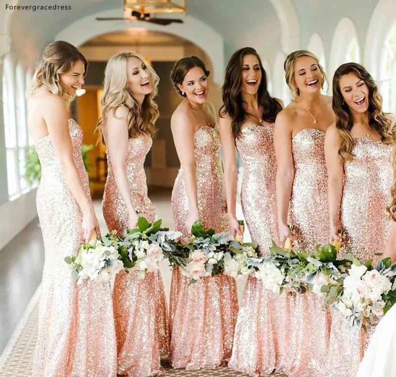 Rose Gold Sequins Bridesmaid Dresses 2019 Summer Country Garden Wedding Party Guest Maid of Honor Gowns Plus Size Custom Made