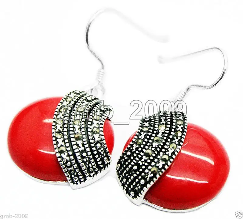 

Fashion 925 Sterling Silver 18*18mm Red Coral Coin Marcasite Earrings