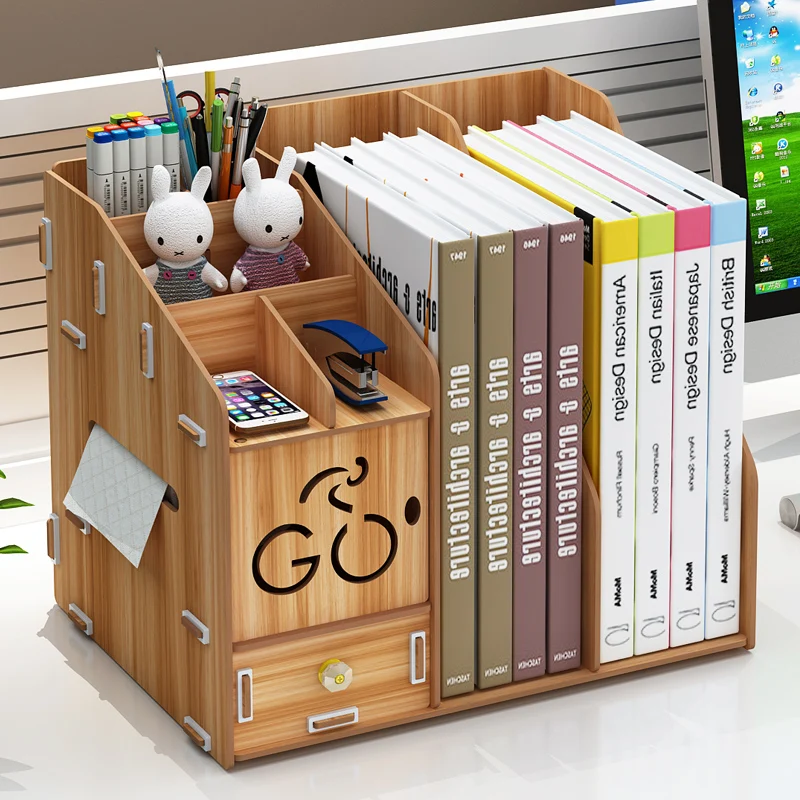 Desktop Stationery Organizer Office Supplies Drawer Storage Box Creative Bookshelf Wooden  Document Rack