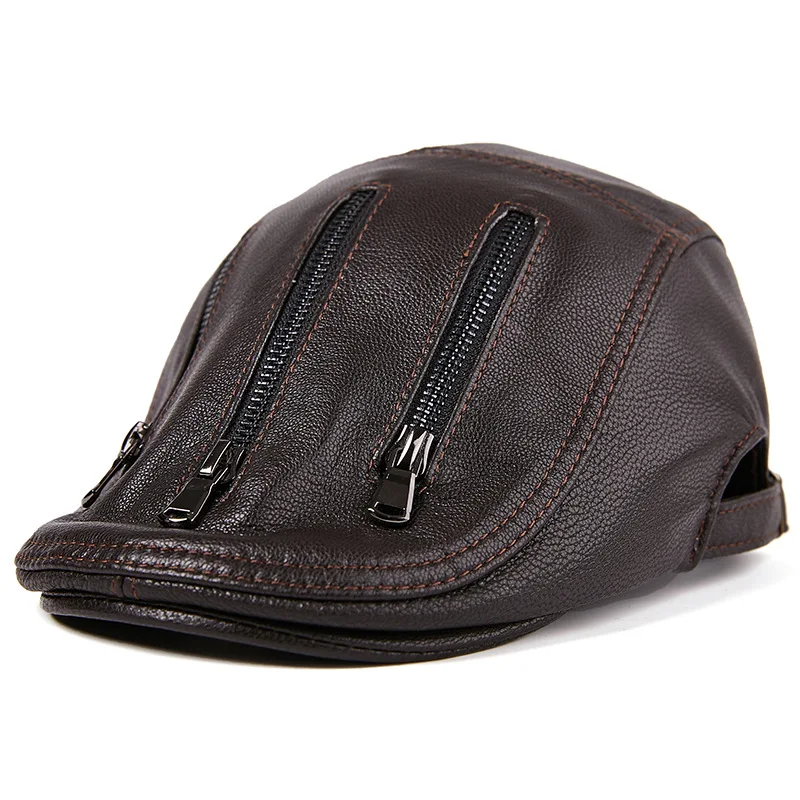 Men's Sheepskin Leather Hat Cap Adult Genuine Leather Cap Male Young Leather Hat Middle-aged Visors Cap New Year Gift B-8806