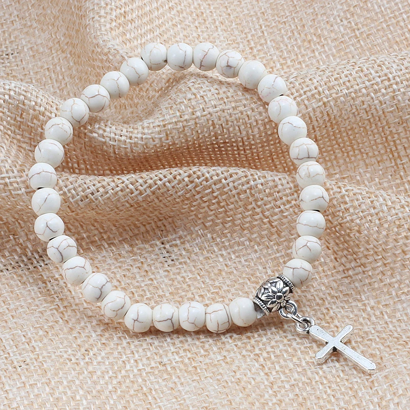 Trendy Men Natural Stone Bracelet Charm Matte Black Cross Beaded Bracelets&Bangles Women Yoga Strand Chain Couple Jewelry Gifts