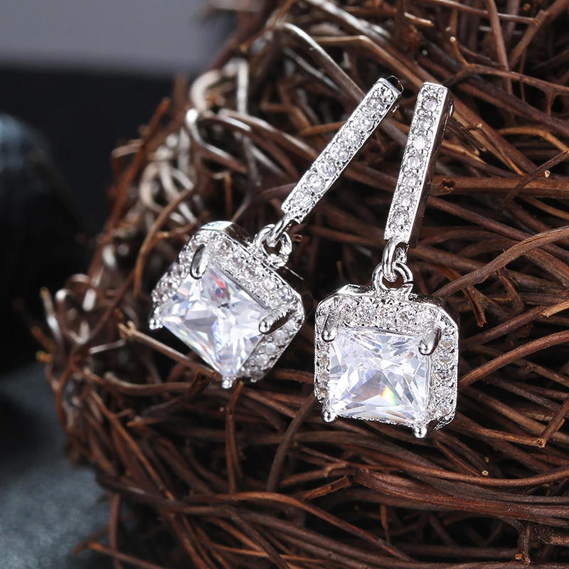 Fine Jewelry Drop Earrings For Women 925 Silver Needle White Gold Plated Wedding Stud Earring Square Cubic Zirconia Stone E033