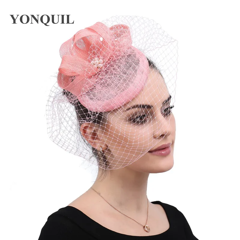 Hồng Sinamay Tóc Mạng Che Mặt Nón Đảng Nữ Nữ Fascinators Kẹp Tóc Cưới Mũ Đợi Đầu Đa Năng Thanh Lịch Cô Dâu Lưới Mũ Đội Đầu SYF510