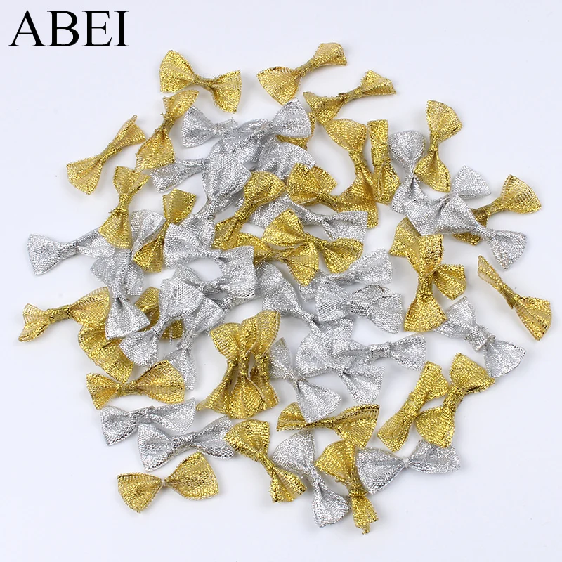 100pcs/lot Gold Silver Bows Handmade mini Bow Ties For Wedding Candy Box Party Gift Bag Scrapbook Decoration Garments Accessorie