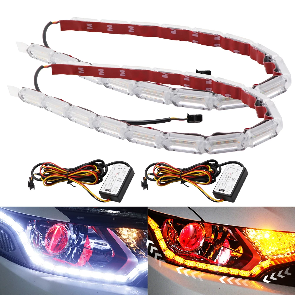 2pcs Flexible LED Strip DRL Daytime Running Light Turn Signal Waterproof Flowing White Yellow Car Front Headlamp Driving Light