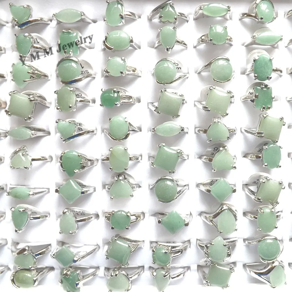 50pcs Mixed Lot Natural Green Aventurine Stone Rings For Women Fahion Jewelry