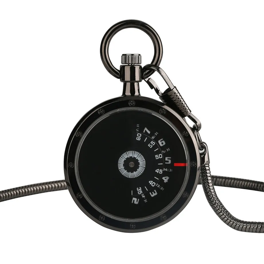 Black Minimalism Hollow Second Disk Serpentine Design Hollow Movement Quartz Pocket Watch Pendant Gift With Chain Pocket Watches