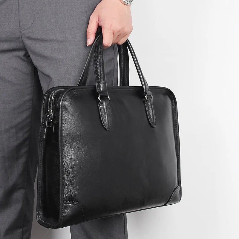 Nesitu-bolsa masculina de couro genuíno de alta qualidade, preta, 14 polegadas, para laptop e escritório, negócios, bolsa de ombro, mensageiro, m7402